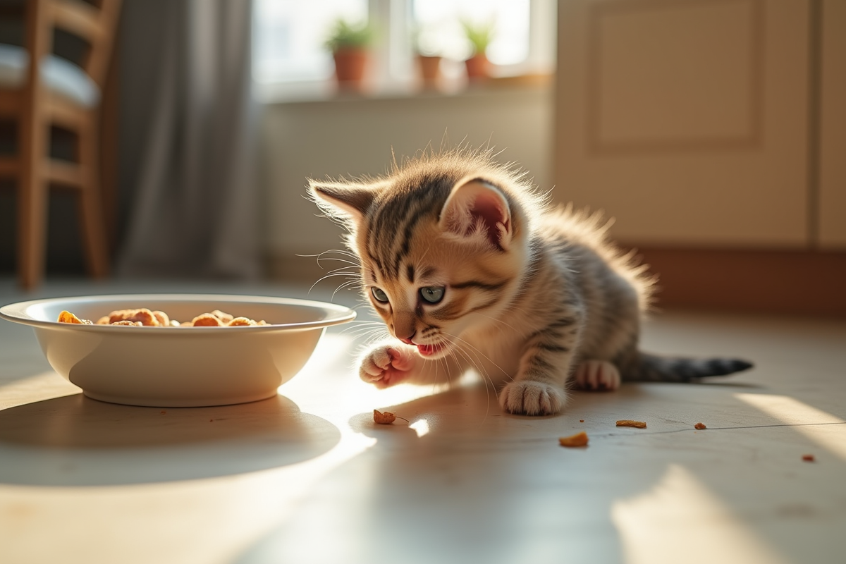 Jeune chaton mangeant dans une assiette dans la cuisine