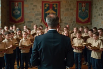 Chef de chœur militaire transmettant des chants traditionnels à de jeunes choristes en tenue militaire dans une salle de répétition historique