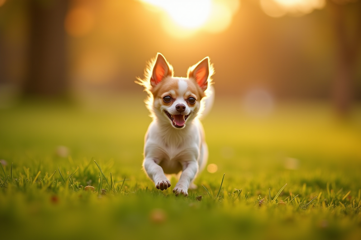Chihuahua courant dans un parc en fin d