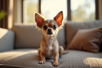 Chihuahua à poil court assis sur un canapé lumineux