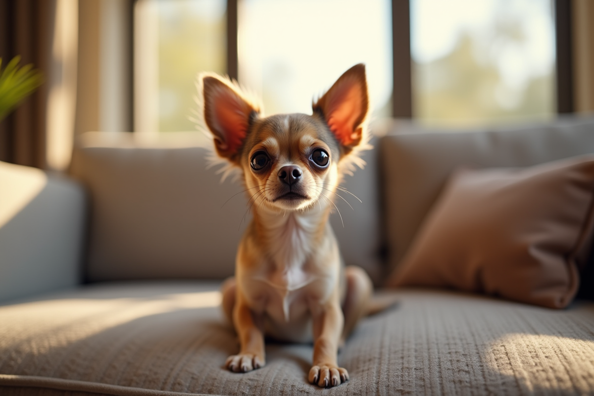 Chihuahua à poil court assis sur un canapé lumineux