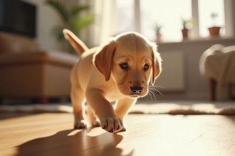 Chiot labrador explorant un salon ensoleille pour la premiere fois