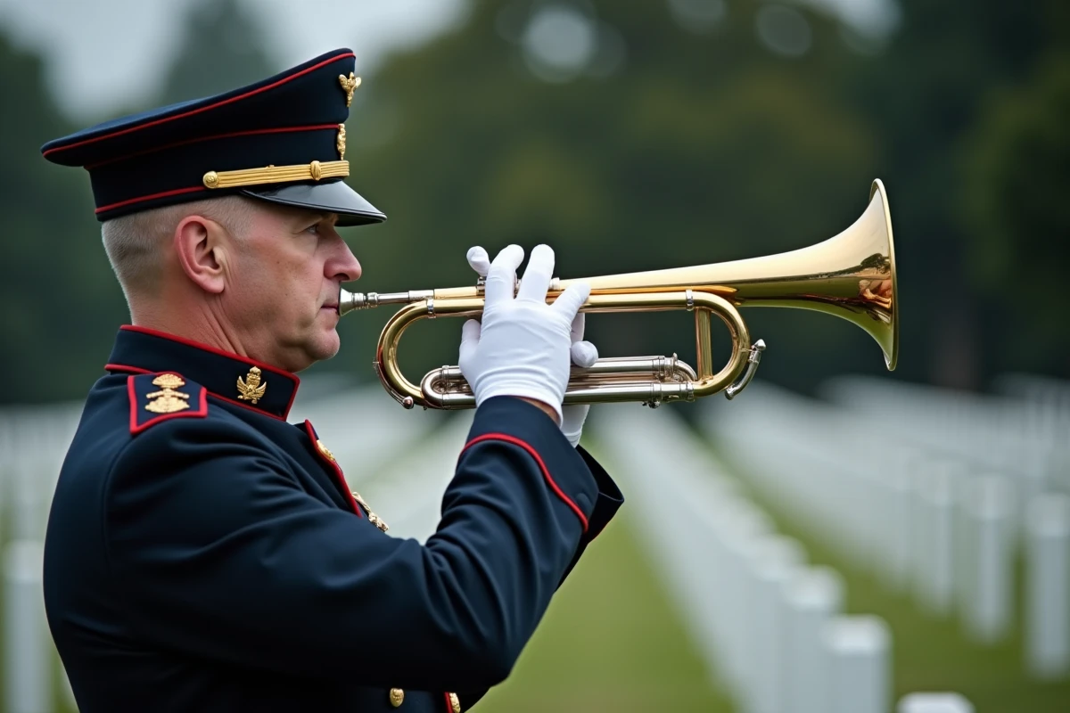 Clairon militaire en uniforme de cérémonie jouant lors d'un hommage aux anciens combattants dans un cimetière militaire