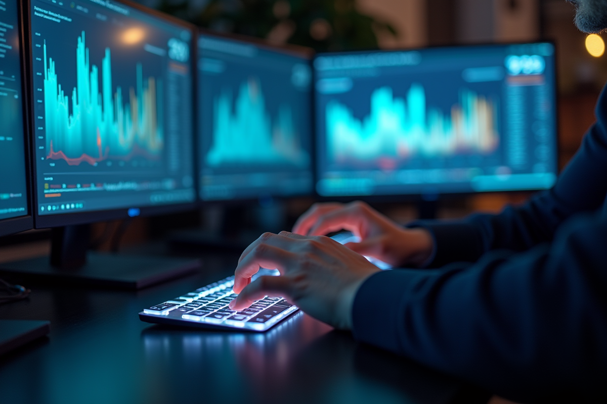 Mains tapant sur clavier rétroéclairé avec visualisations de données