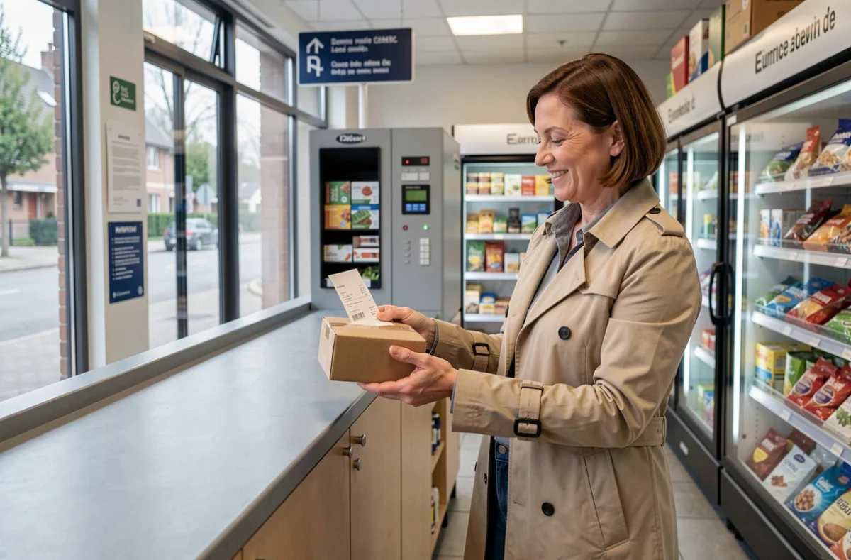 Cliente récupérant un colis au point relais du SP Supermarché de Châtillon