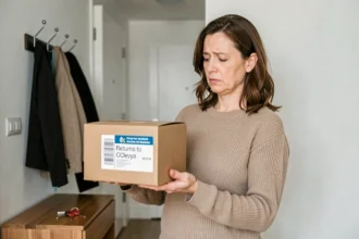 Femme tenant un colis inconnu avec une étiquette 'Returns to Clevya' dans un couloir d'appartement, l'air perplexe