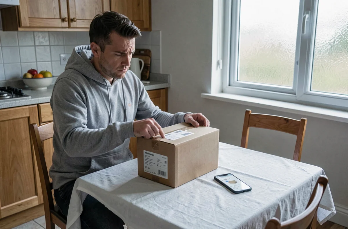Homme assis en cuisine examinant un colis non ouvert avec une étiquette de retour Clevya et son smartphone posé à côté