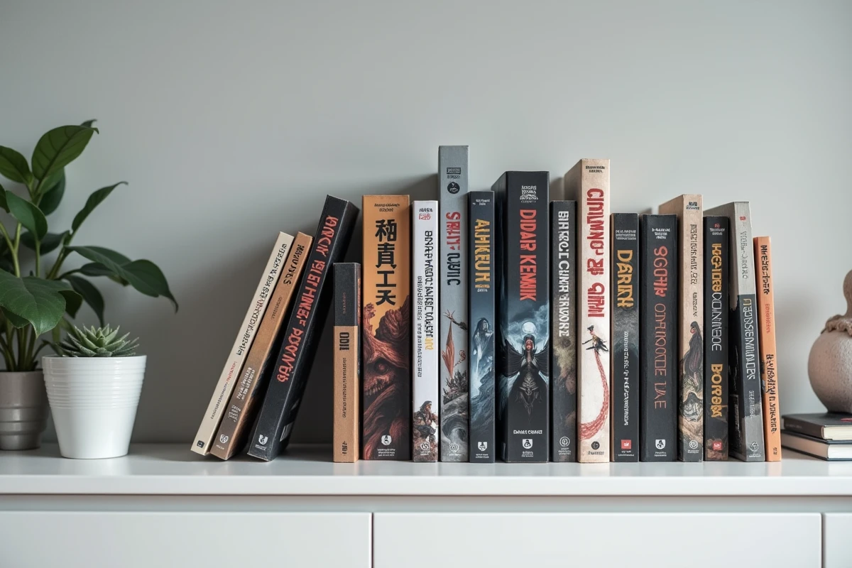 Collection de volumes de manhwa Solo Leveling alignés sur une étagère moderne avec figurines de décoration