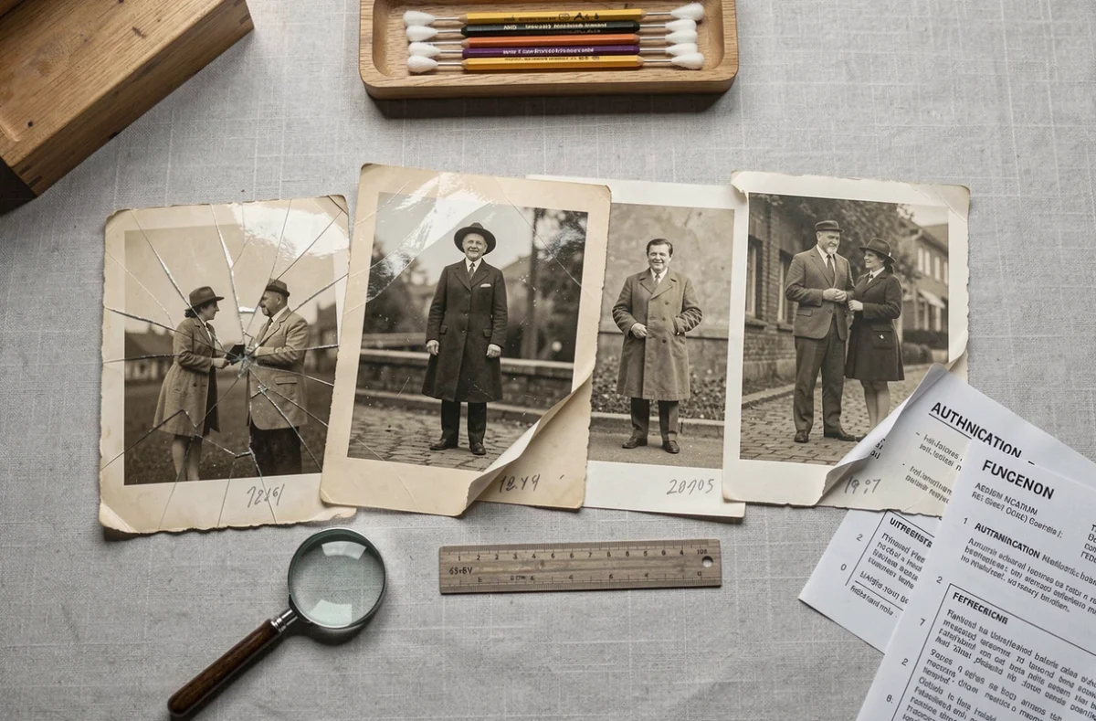 Collection de tirages photographiques vintage de différentes époques comparés côte à côte pour authentification, avec loupe et références d'expert