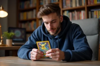 Collectionneur examinant une rare carte Pokémon holographique pour évaluer sa valeur sur le marché secondaire