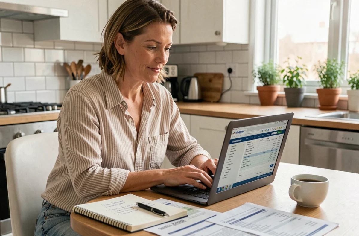 Femme comparant des devis de déménagement sur un ordinateur portable à la table de cuisine entourée de documents et d'estimations de prix