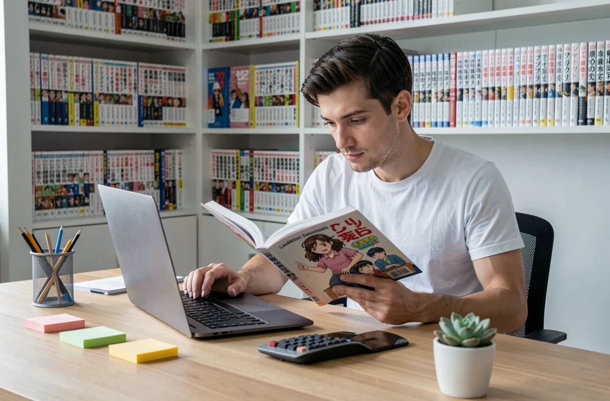Jeune homme comparant une lecture de scan manga BL en ligne avec un volume physique sur son bureau à domicile