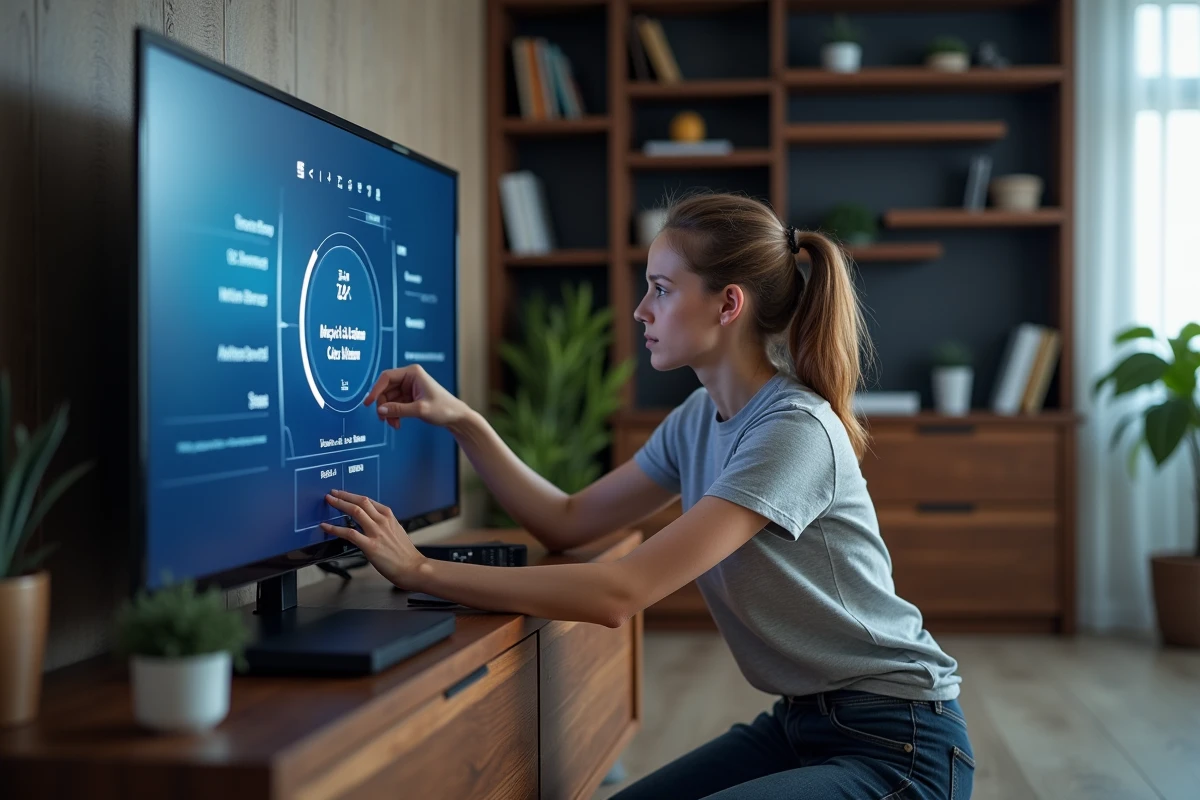 Femme configurant les paramètres d'image d'un téléviseur Adkimi dans un bureau moderne