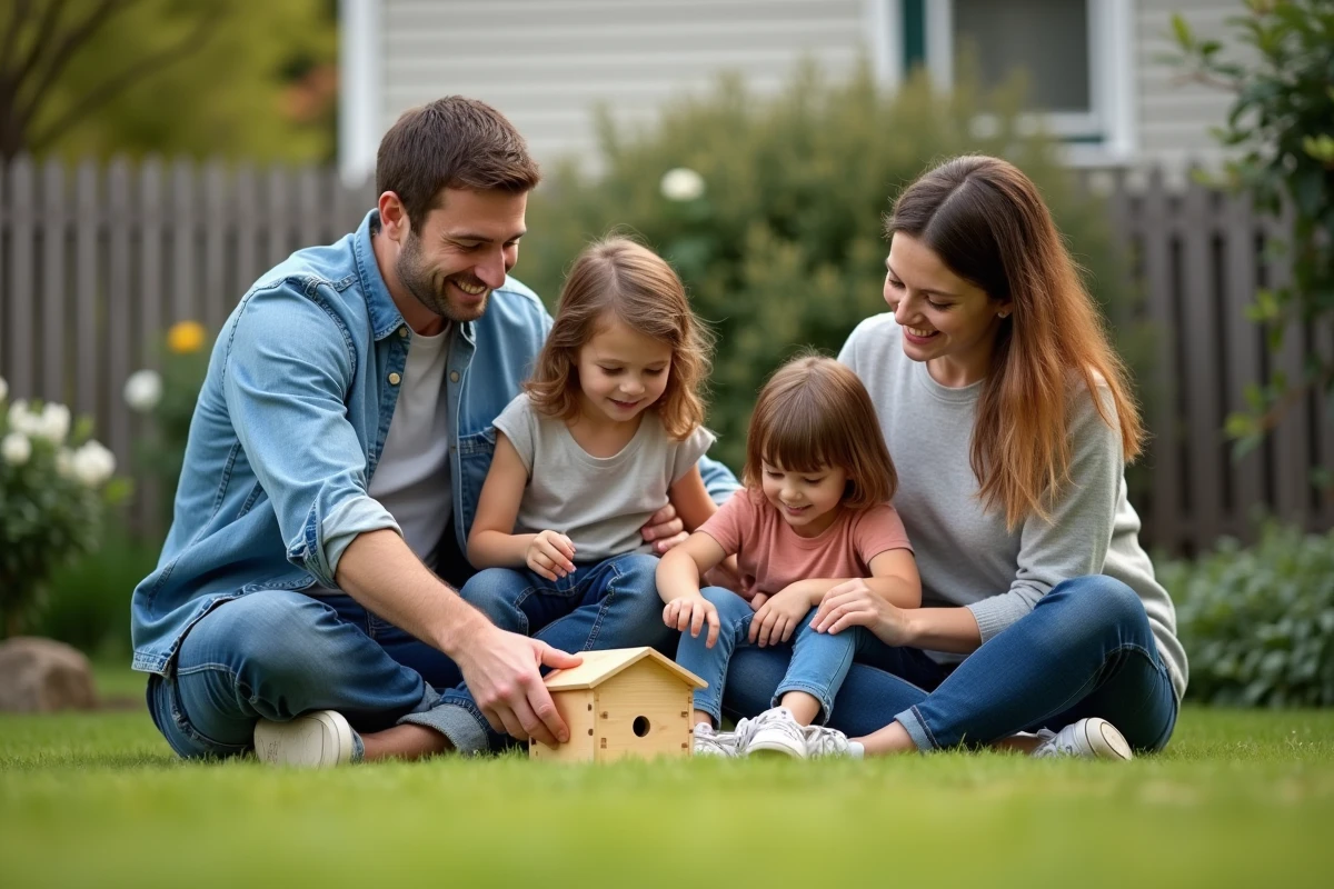 Famille construisant un nichoir en bois dans le jardin