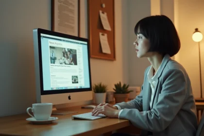 Femme consultant les archives du site Wikio.com sur un écran d'ordinateur vintage dans un bureau minimaliste