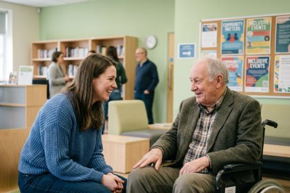 Femme jeune en sweater bleu partage un moment avec un homme en fauteuil