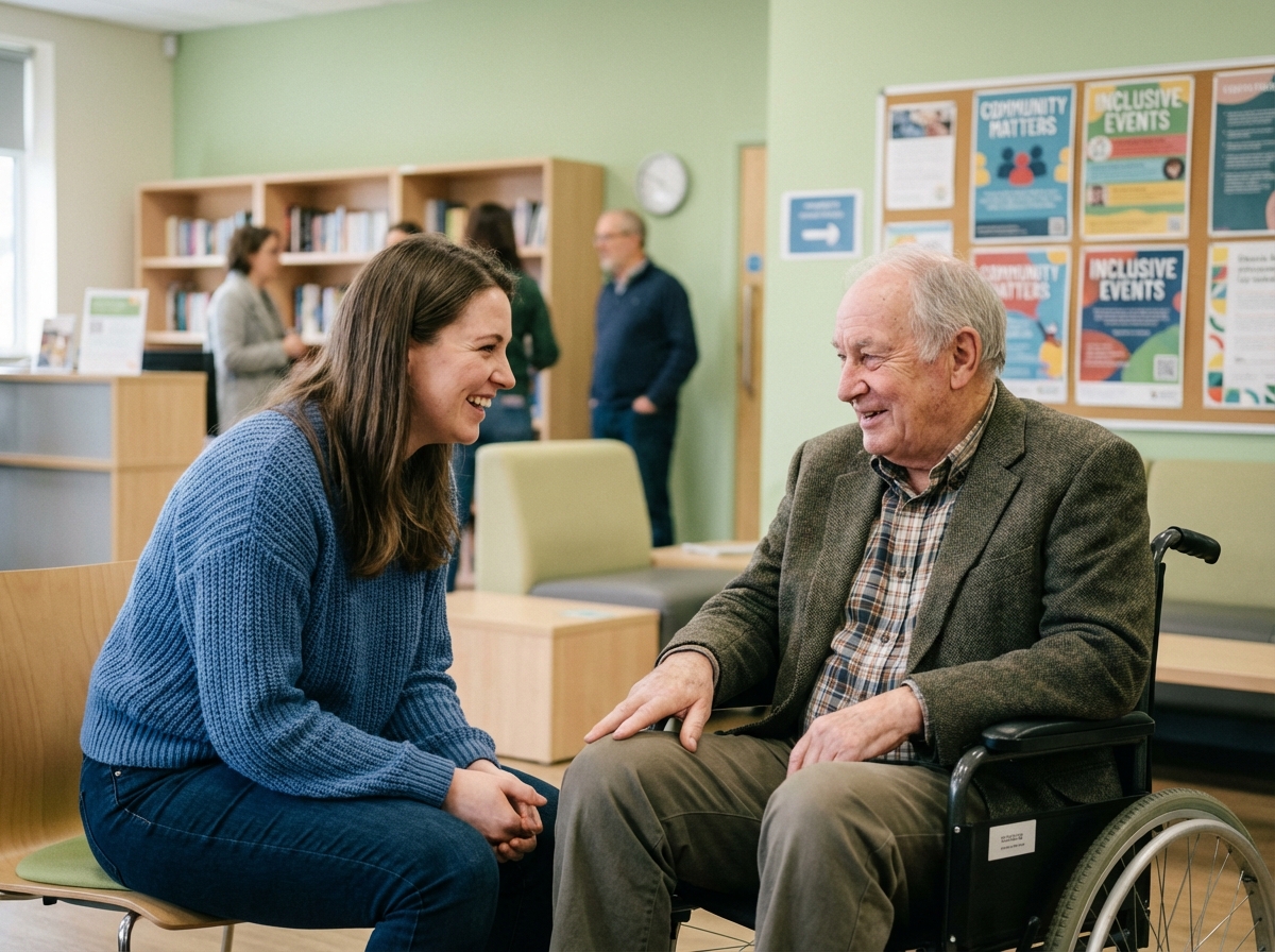 Femme jeune en sweater bleu partage un moment avec un homme en fauteuil