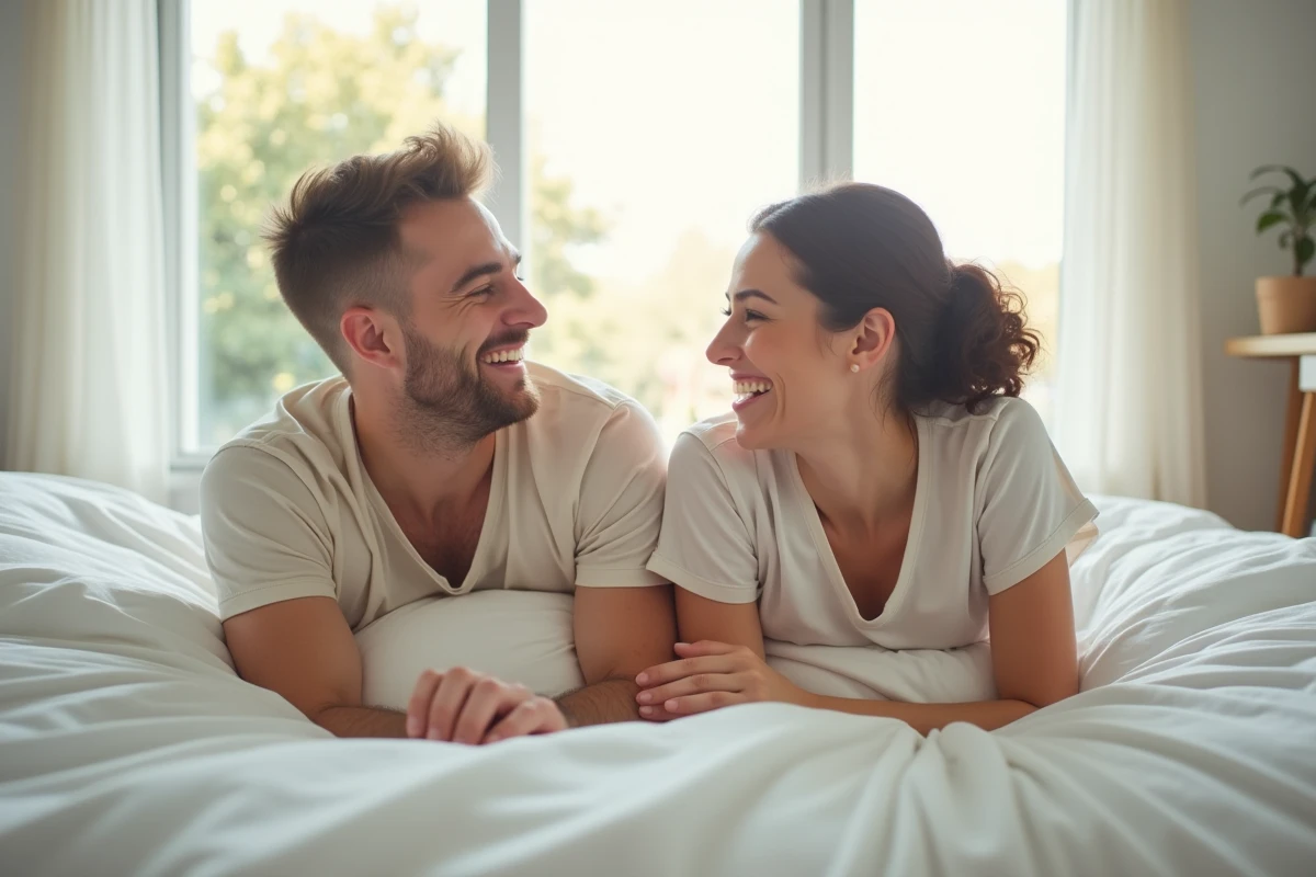 Couple complice allongé dans un lit riant ensemble dans une chambre lumineuse et moderne