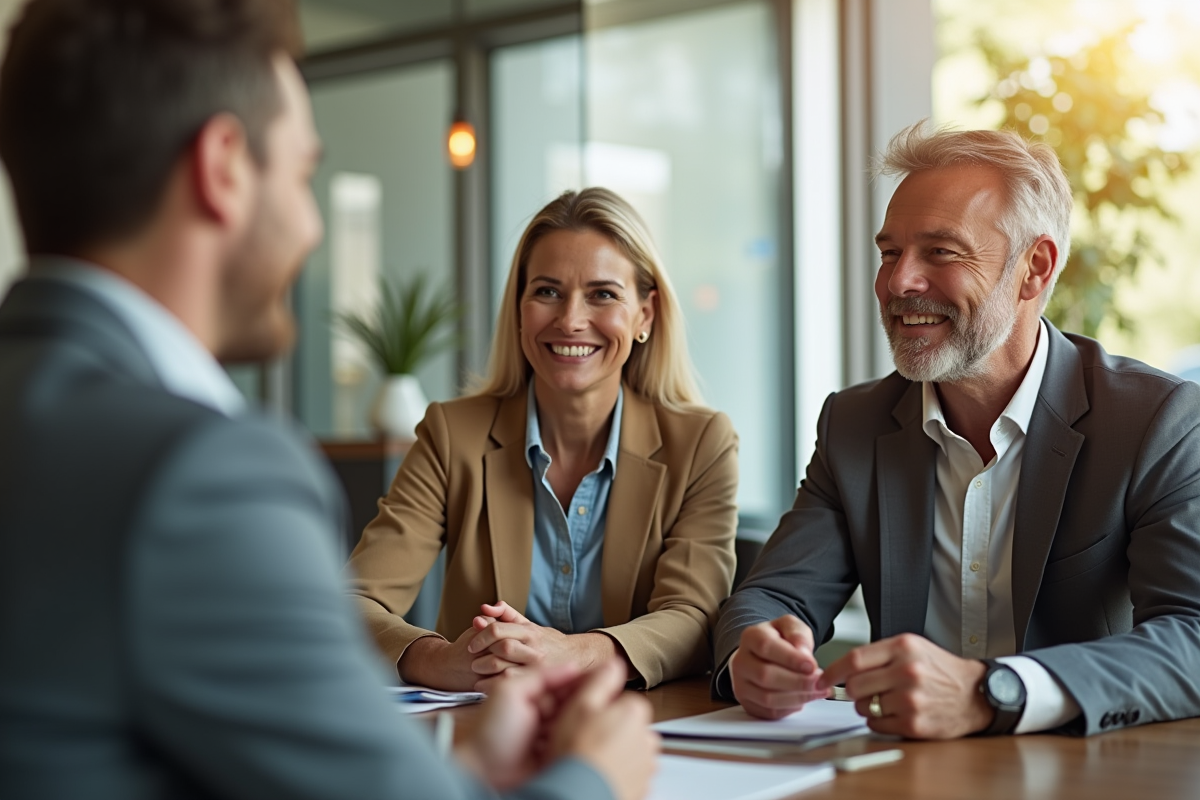 Couple avec conseiller financier dans agence bancaire moderne