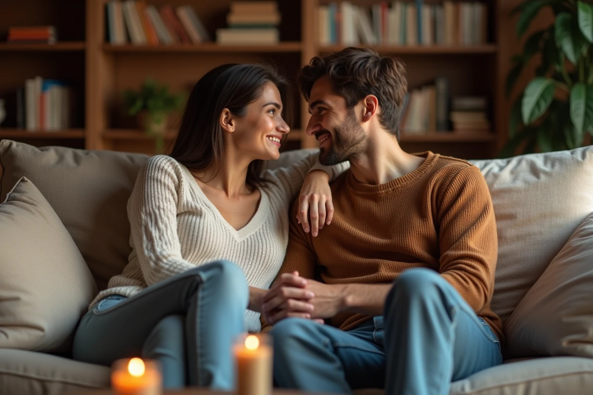 Couple complice en conversation intime sur un canapé dans un salon chaleureux et cosy