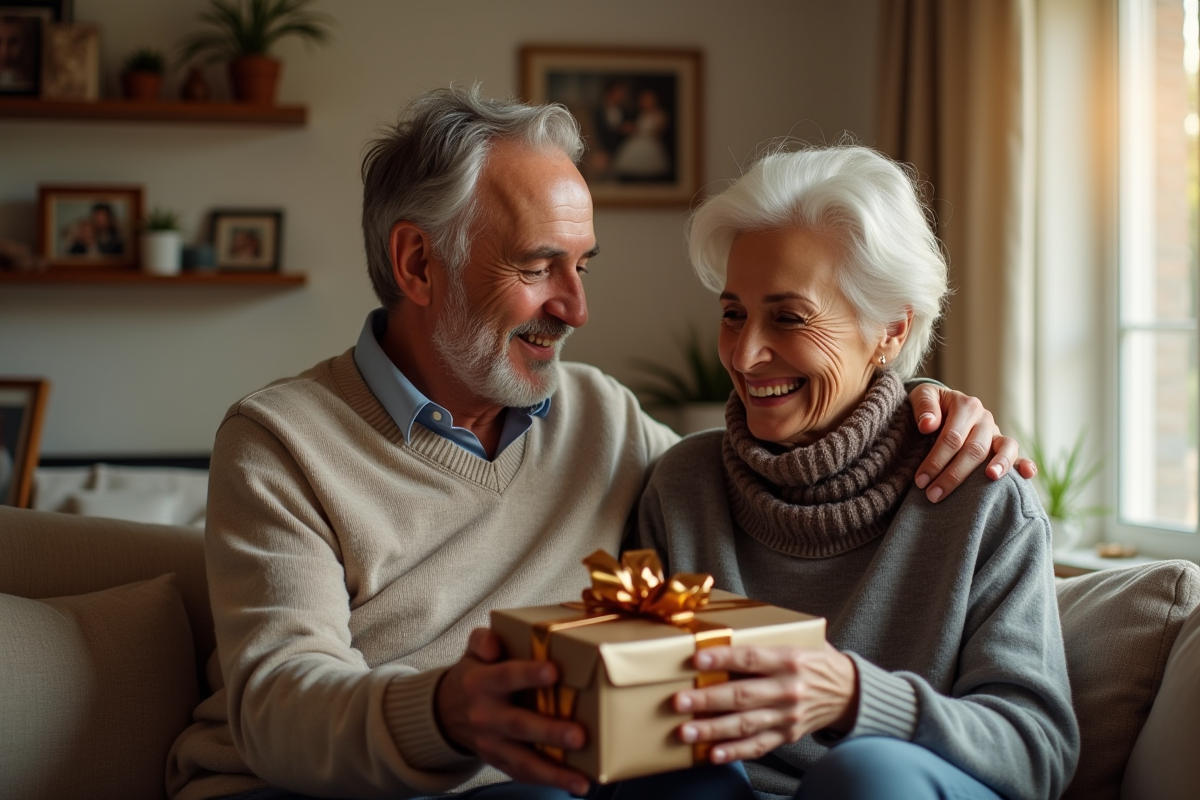 Couple souriant échangeant des cadeaux en bronze dans un salon lumineux