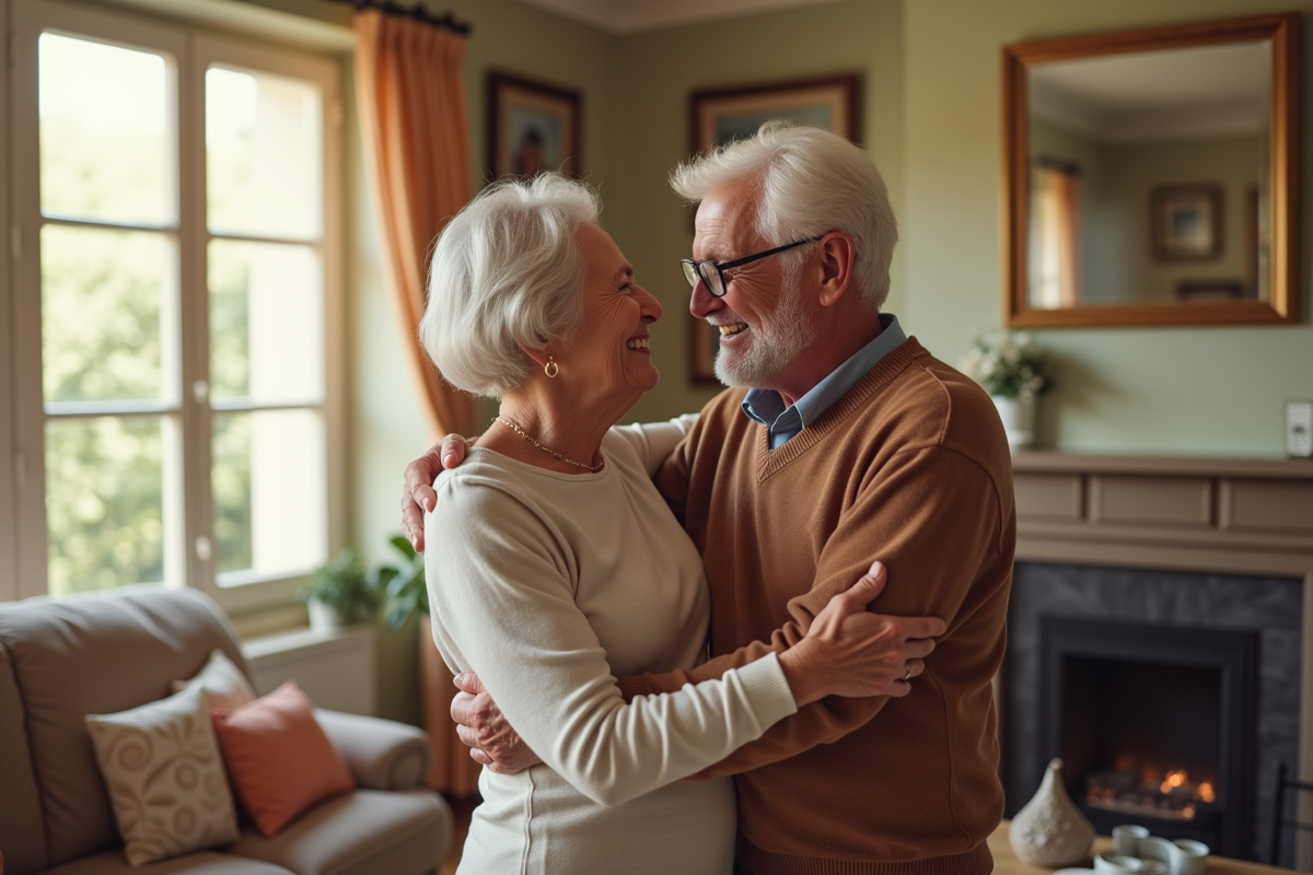 Couple marié riant dans une salle lumineuse et décorée