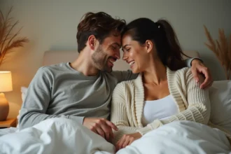 Couple intime partageant un moment de tendresse et de connexion émotionnelle dans une chambre cosy