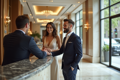 Couple élégant en hôtel de luxe avec concierge et décor sophistiqué