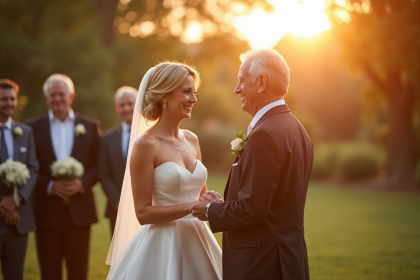 Couple mature échangeant leurs vœux dans un jardin ensoleille