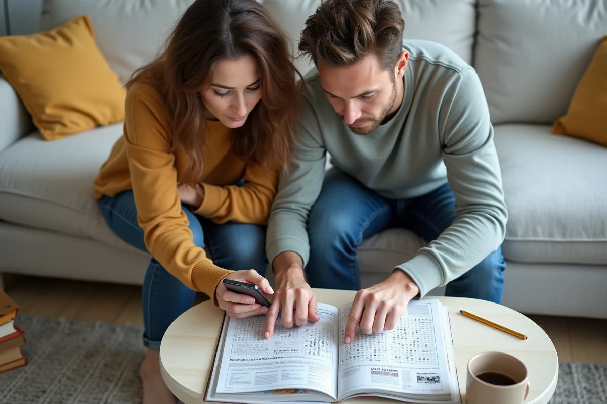 Couple résolvant des mots fléchés ensemble sur canapé avec un smartphone affichant un moteur de recherche spécialisé