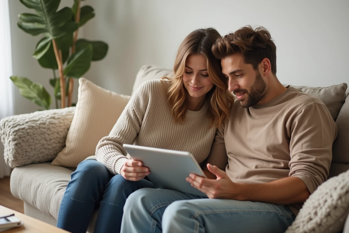 Couple consultant ensemble un site d'informations économiques et de consommation sur une tablette dans leur salon