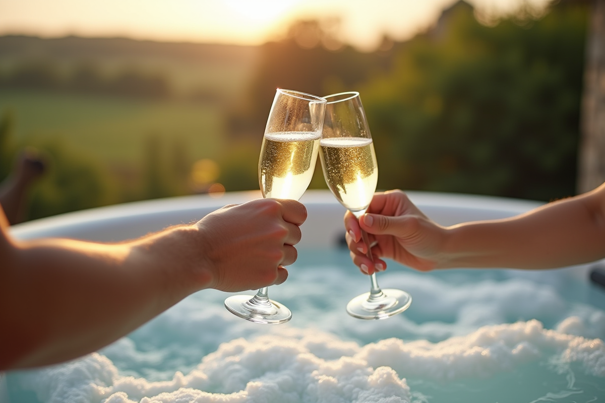 Couple trinquant au champagne près du jacuzzi en Normandie