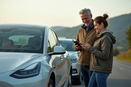 Couple souriant près de leur voiture électrique en nature