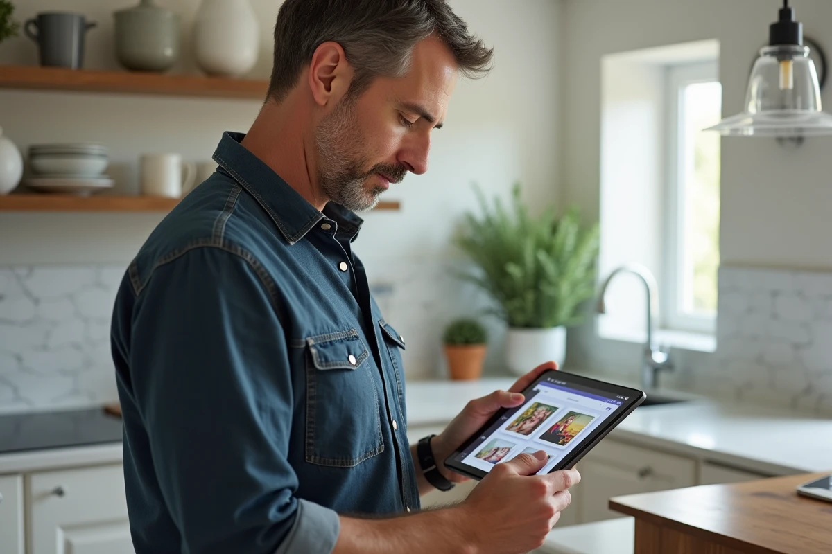 Homme utilisant une tablette pour personnaliser une carte animée avec ses propres photos dans une cuisine moderne