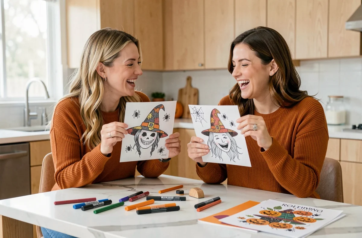 Deux femmes comparant leurs cartes d'invitation Halloween faites main avec des dessins de sorcières et d'araignées dans une cuisine moderne