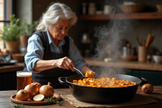 Cuisine flamande traditionnelle avec femme cuisinant carbonade