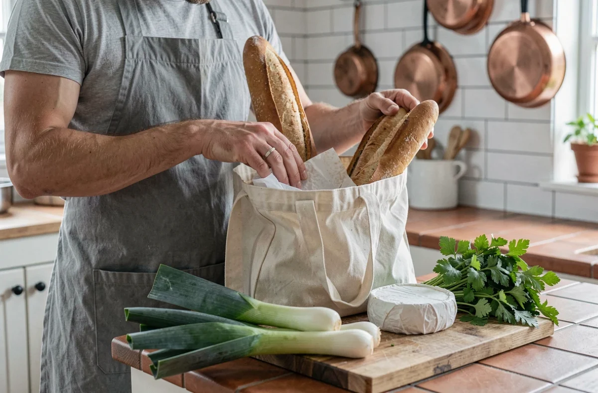 Cuisine maison avec ingrédients frais du marché du dimanche disposés sur un plan de travail en bois