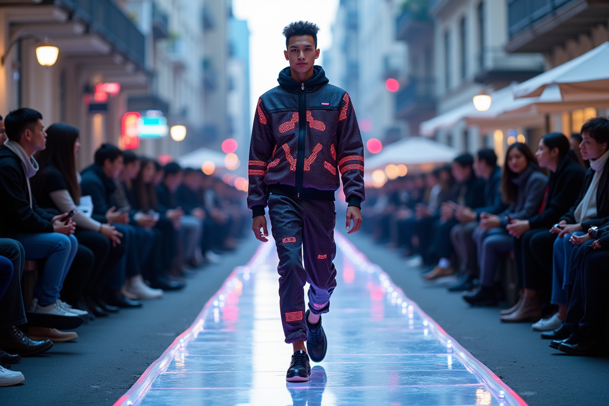 Mannequin défilant en vêtements connectés dans un environnement urbain