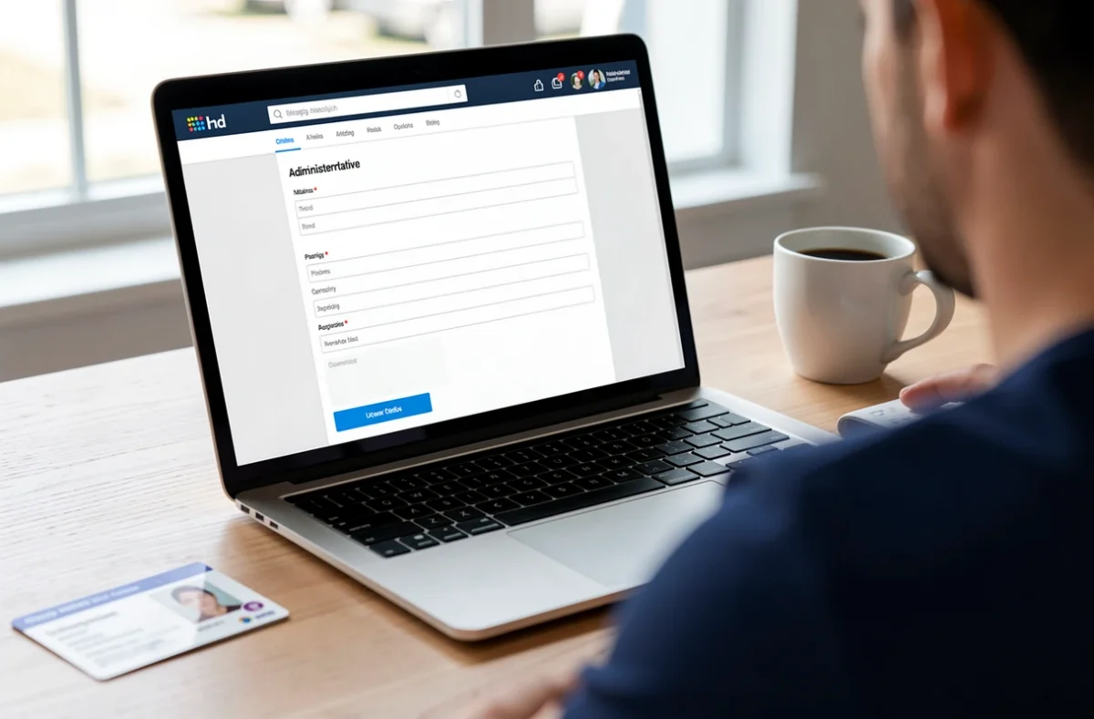 Démarche de déclaration en ligne sur ordinateur avec pièce d'identité posée à côté