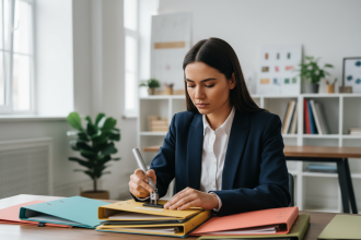 Jeune designer utilisant un plieur ergonomique pour personnaliser des dossiers