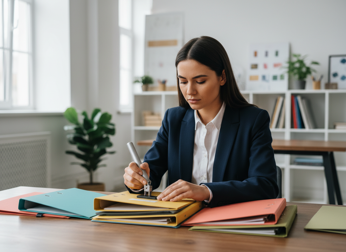 Jeune designer utilisant un plieur ergonomique pour personnaliser des dossiers