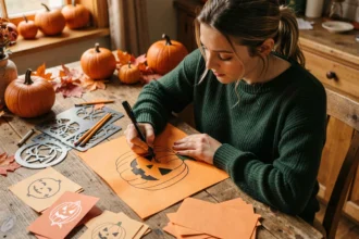 Jeune femme dessinant une citrouille d'Halloween effrayante sur une carte en papier orange, entourée de fournitures créatives sur une table en bois rustique