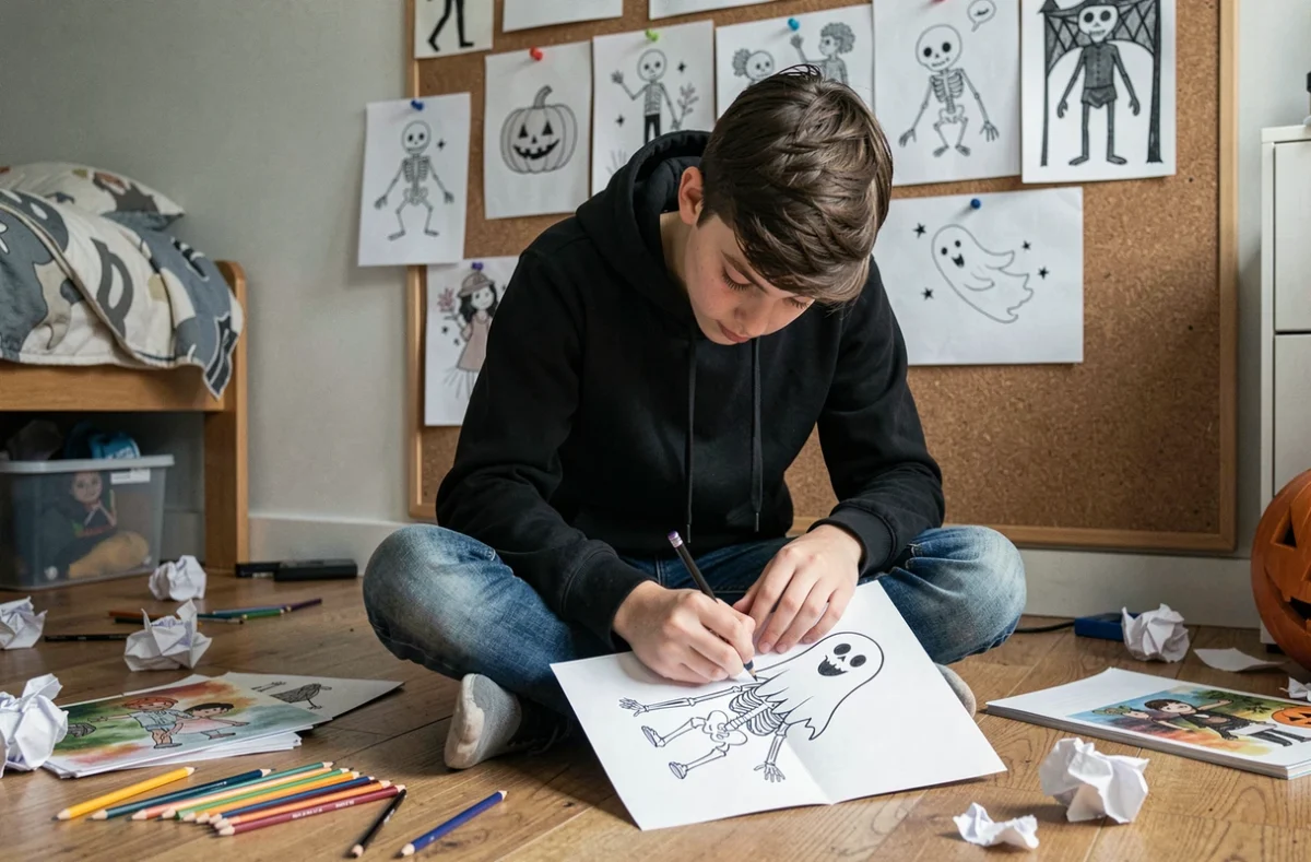 Adolescent dessinant des personnages d'Halloween effrayants comme un fantôme et un squelette sur une carte pliée blanche dans sa chambre