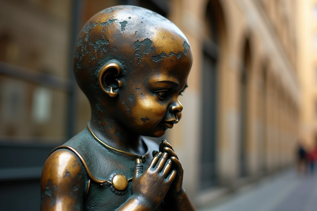 Gros plan sur les détails en bronze patiné de la statue du Manneken-Pis, révélant la texture et le savoir-faire artisanal de la sculpture historique