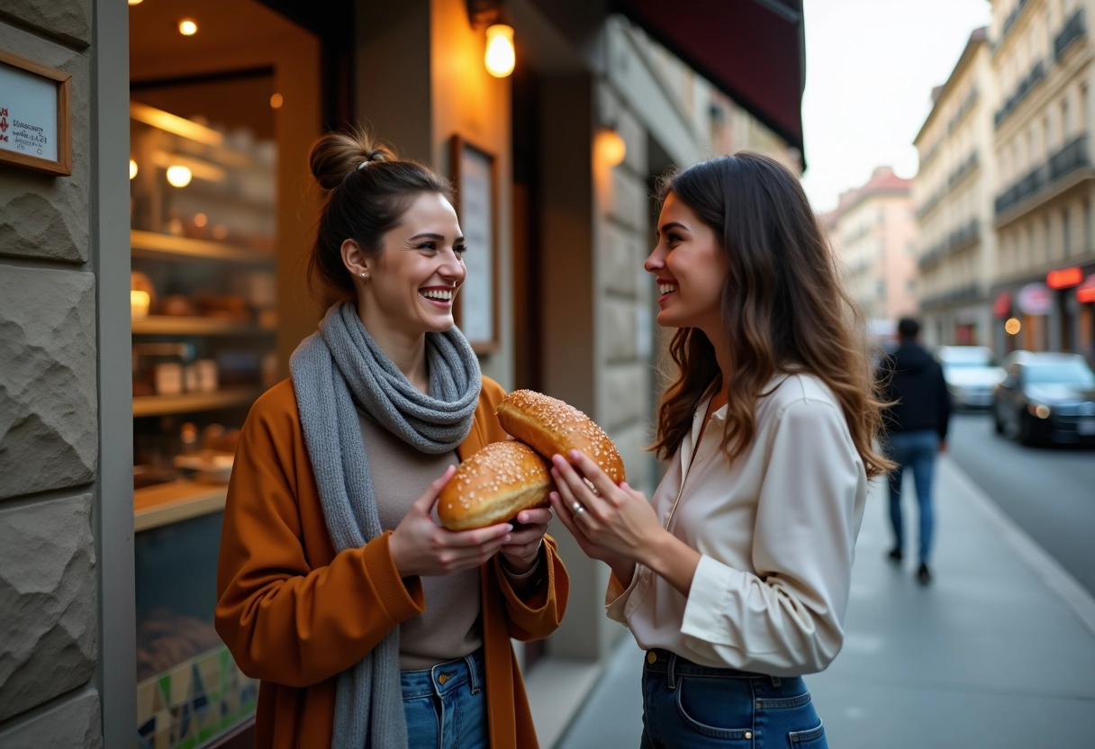 Deux jeunes femmes rient devant une boulangerie au crépuscule