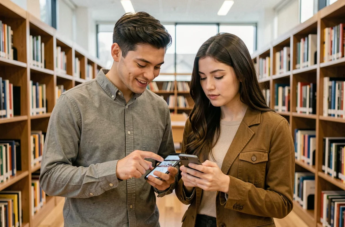 Deux jeunes adultes consultant ensemble la plateforme de manga Epsilon scan.to sur smartphone en bibliothèque