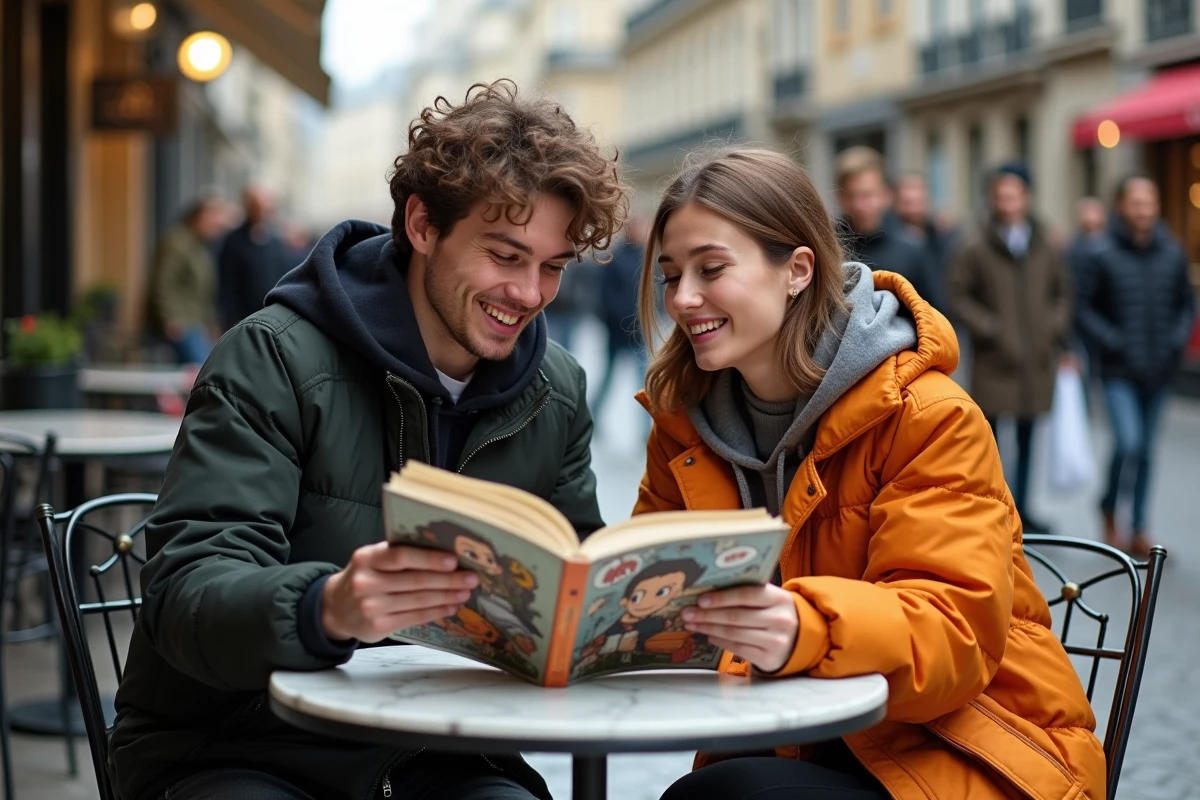Deux jeunes passionnés de manga shonen discutant de leurs lectures en terrasse de café à Paris