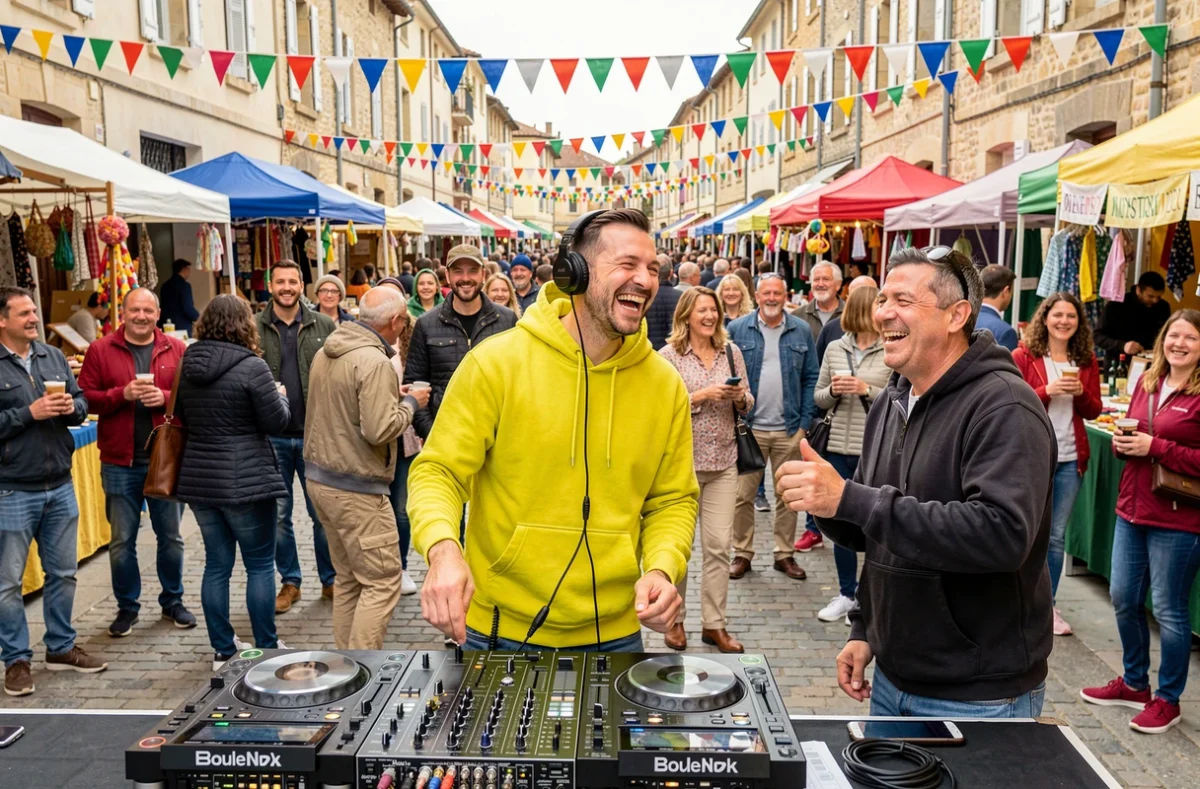 DJ Boule animant une fête de rue populaire à Pau avec une foule joyeuse autour de lui