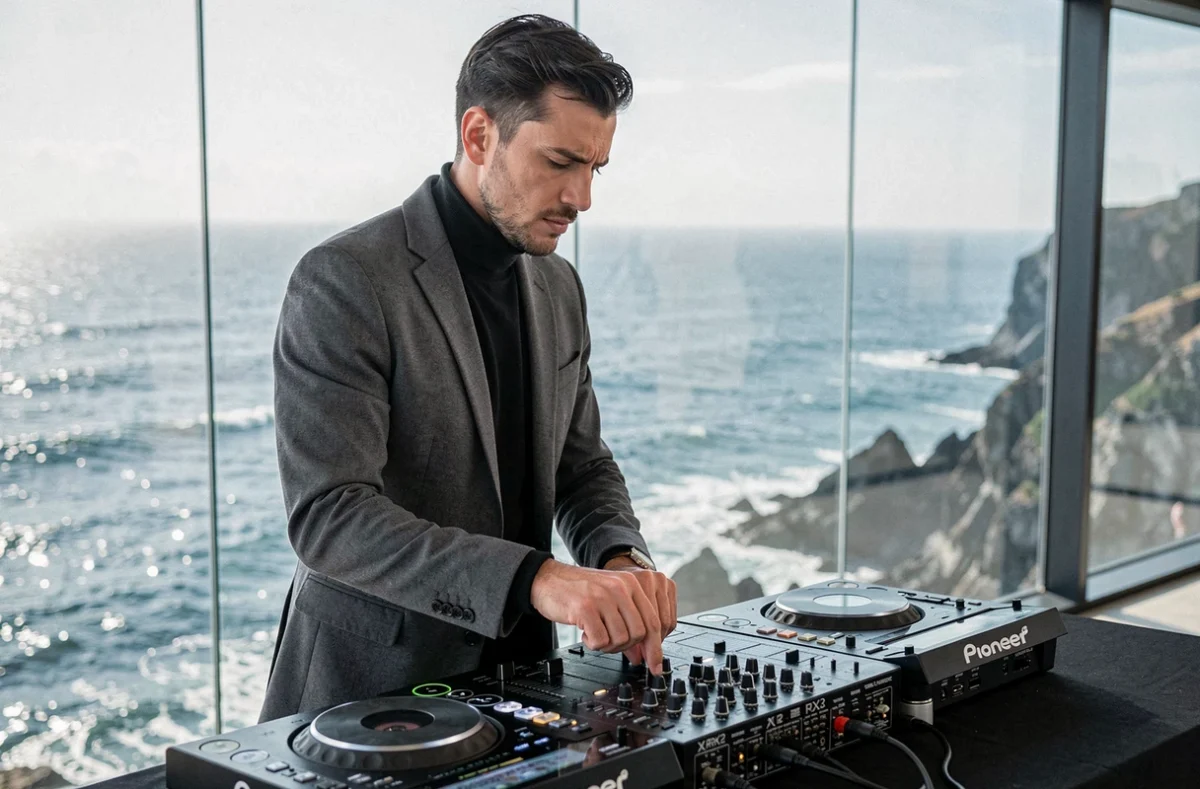 DJ Goran-K mixant dans une salle de réception haut de gamme à Biarritz avec vue sur l'Atlantique