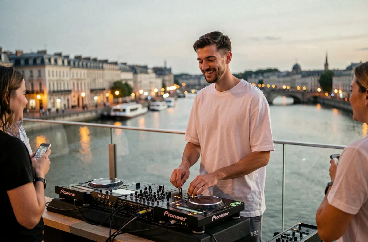 DJ Hugo B mixant sur un rooftop avec vue sur la Garonne et les toits de Bordeaux au crépuscule